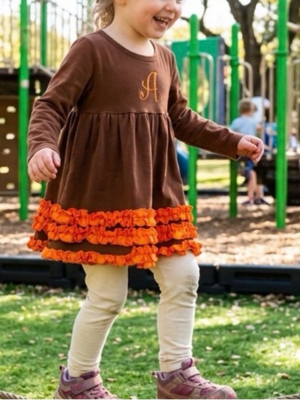 Lolly Wolly Doodle Brown Tee with Orange A Monogram